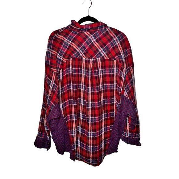 Free People Red, White, and Purple Plaid Button Down Shirt - Picture 2 of 10